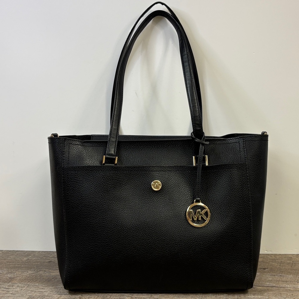 Michael Kors Black Pebbled Leather Tote – Gold Hardware – Classic MK Charm